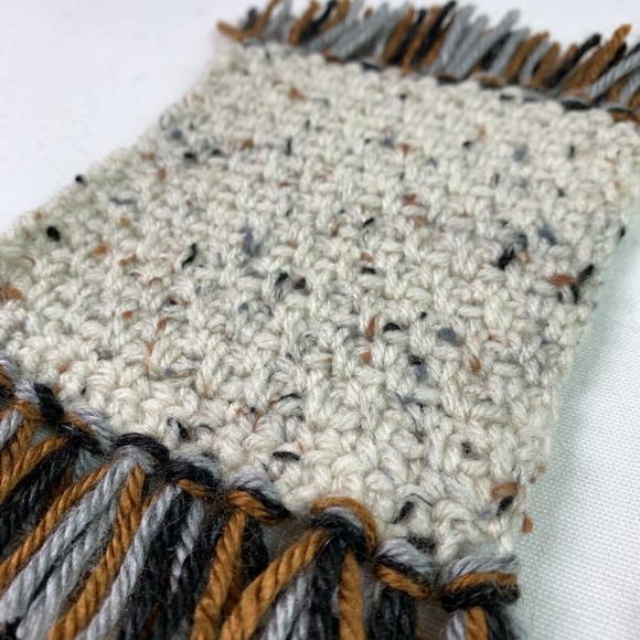 Mug Rugs Handmade Crochet Brown Gray Variegated Felt Backed Fringe 4 Coasters - Picture 2 of 11